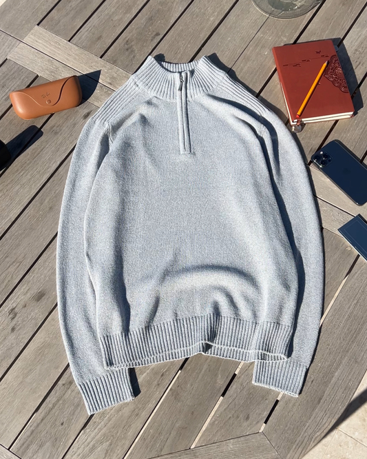 HEATHER GREY KNIT QUARTER ZIP SWEATER