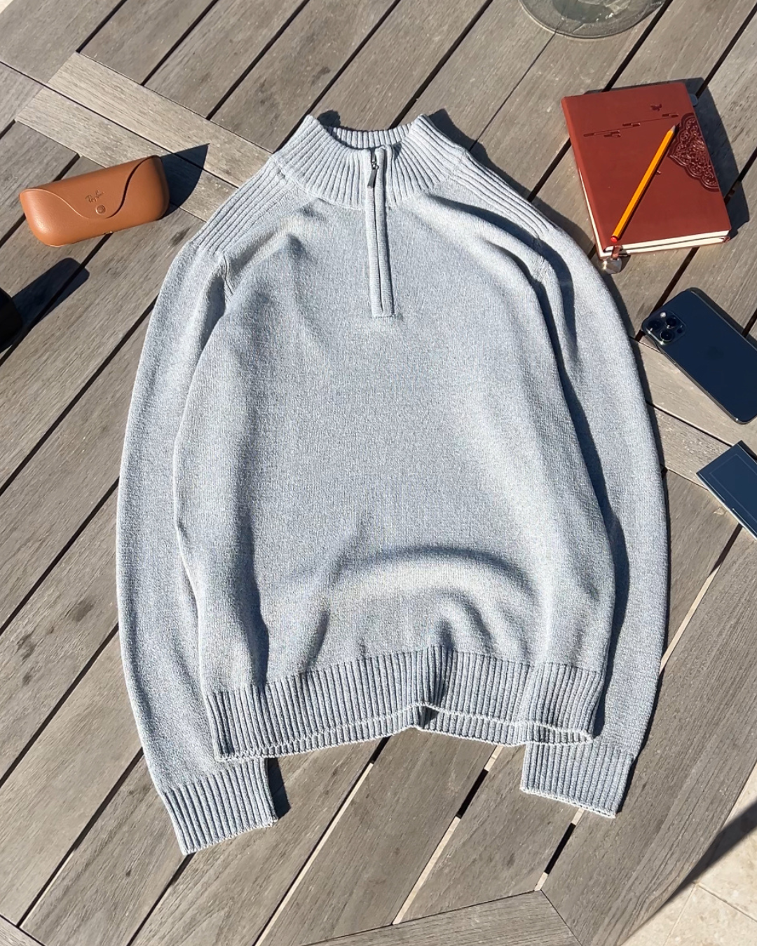 HEATHER GREY KNIT QUARTER ZIP SWEATER