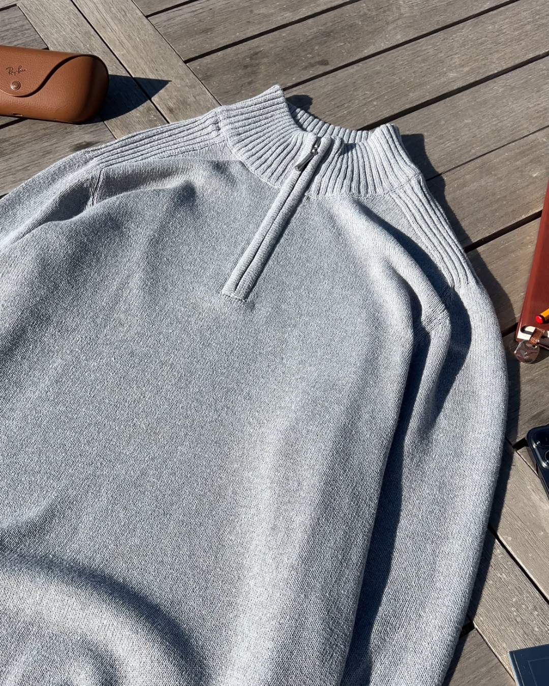 HEATHER GREY KNIT QUARTER ZIP SWEATER